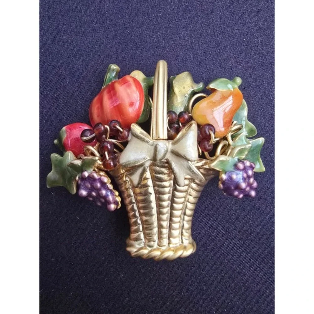 Vintage Fruit Basket Brooch Gold Tone Enamel Harvest Cornucopia‎ Pin 2 Inch